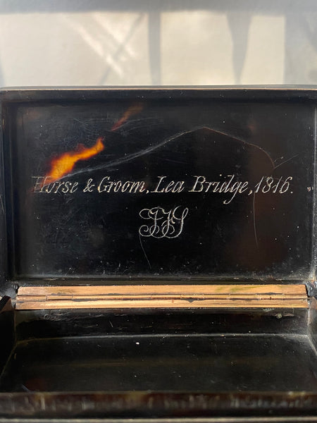 Antique 19th Century Snuff Box With Naive Period Painting Of The ‘Horse & Groom’ Pub, Lea Bridge, Engraved Inside & Dated 1816