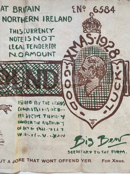 Antique 1928 UK Novelty £1 Christmas Note Humorous Oversized Ephemera