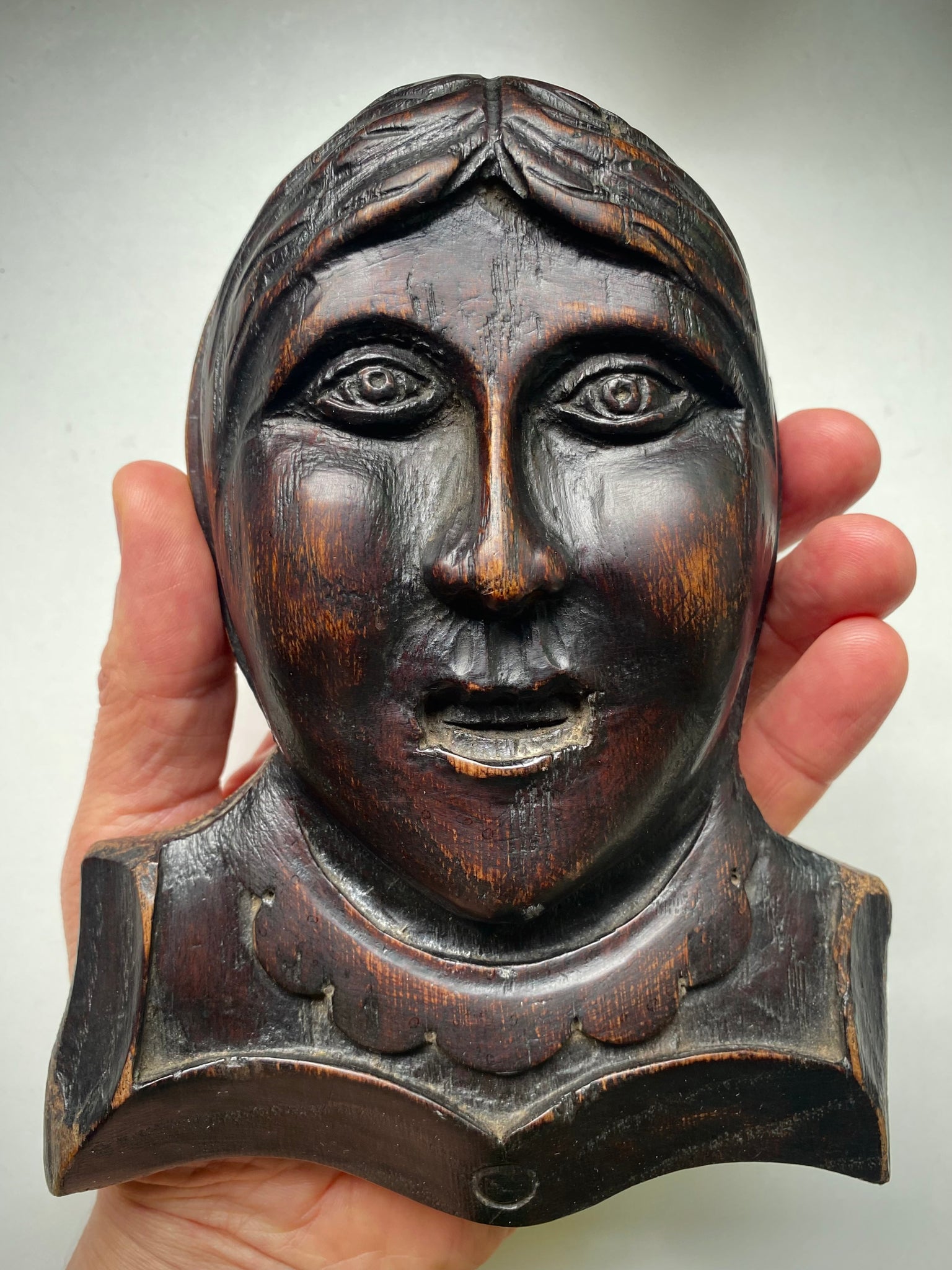 Antique 18th-19th Century Folk Art Carved Wooden Face Of A Woman
