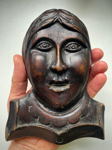 Antique 18th-19th Century Folk Art Carved Wooden Face Of A Woman