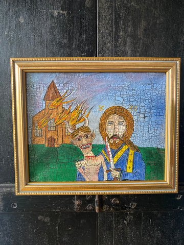 Vintage Naive Oil On Canvas Folk Art Painting