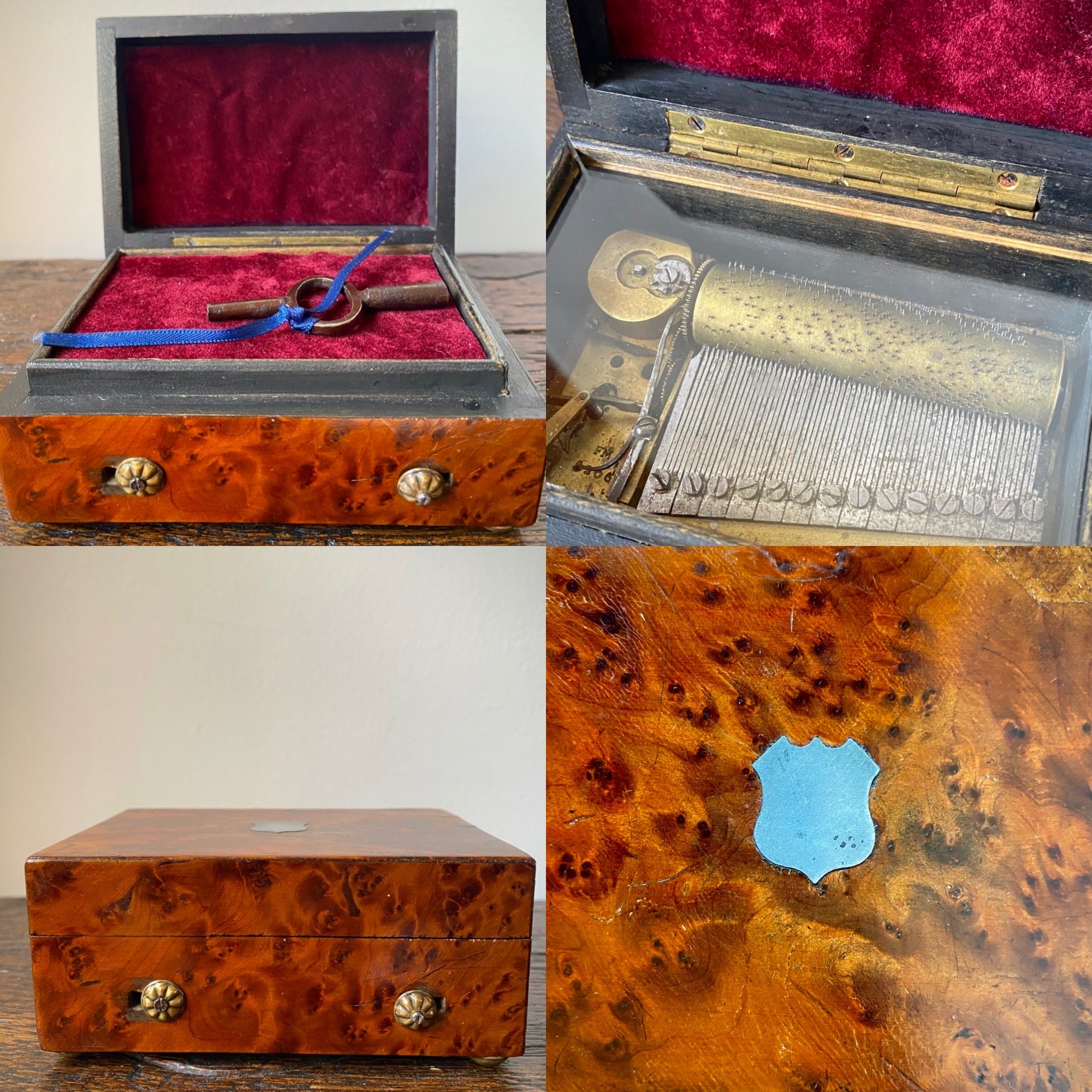 Antique Late Georgian - Early Victorian Walnut Veneer Musical Box Plays English National Anthem, Rule Britannia & 1 Other