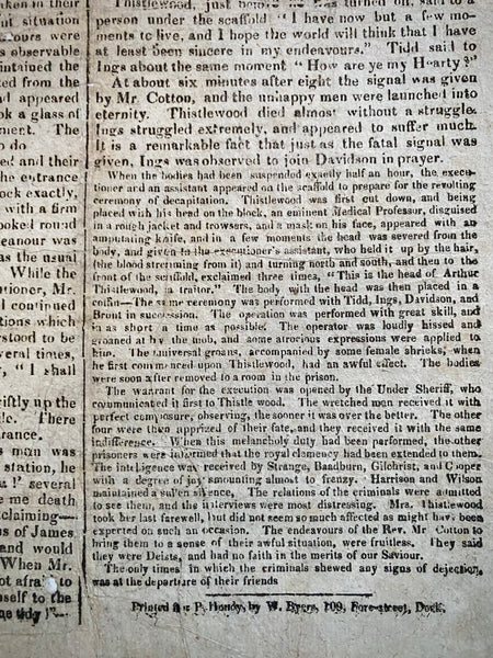 Rare Antique 19th Century Execution Broadside For The Execution Of Arthur Thistlewood and the Cato Street conspirators 1820