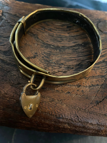 Antique 19th Century Brass & Leather Monkey Collar With Padlock - Source Vintage