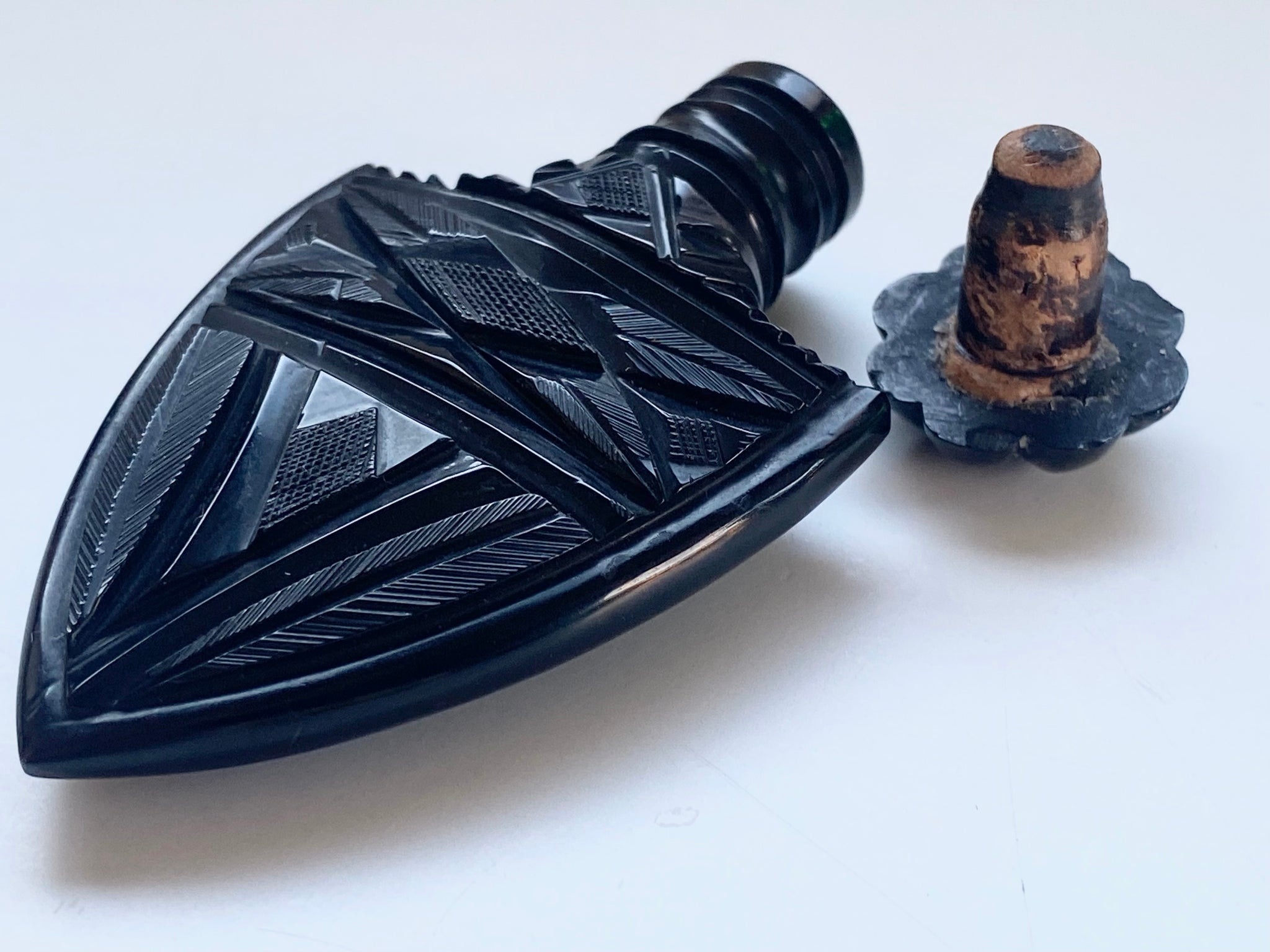 Rare Antique 19th Century Carved Whitby Jet Scent Bottle