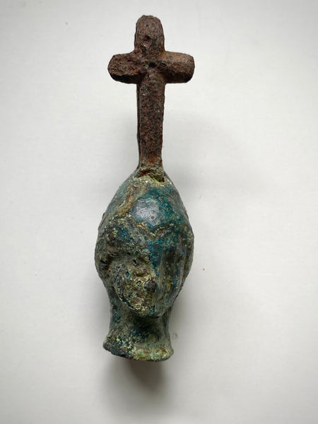 Rare Ancient Roman Bronze Head Of A Religious Figure With An Iron Loop In The Form Of A Cross c.200 AD