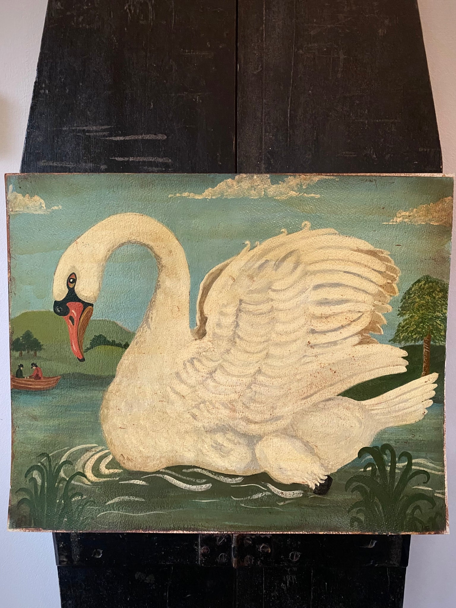 Naive Folk Art Oil Painting Swan By Leslie Stafford (1949–2024)