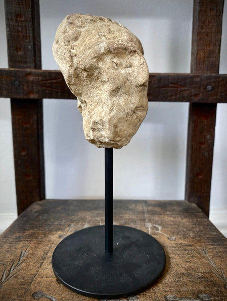 Antique Creepy Small Stone Figural Head Sculpture On Later Stand