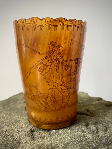 Rare Antique Early 19th Century Folk Art Engraved Horn Beaker Relating To The ‘Salisbury Lion Attack’ In 1816