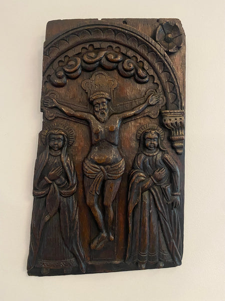 A Superb 16th-17th Century Carved Oak Panel Depicting The Crucifixion Of Christ