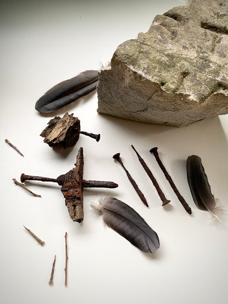 Grave Digger Collection Of An Early 19th C. Gravestone Fragment & Coffin Nails With Remnants Of Coffin Wood Of The Same Period