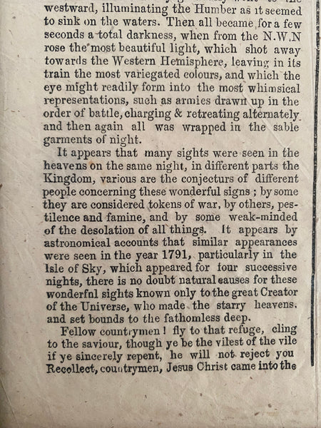Rare Antique 19th Century Broadside Describing A Terrifying Event Over Hull