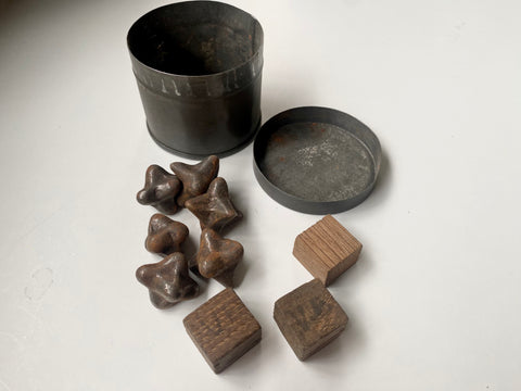 Curious Collection Of Antique Military Caltrop Crow's Feet, 3 x Homemade Dice & A Tin c.1860