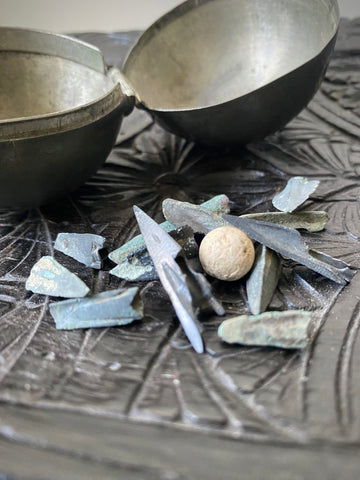 *RESERVED FOR MEGAN* Curious Collection Of Ancient Bronze Arrowheads & Lead Pistol Shot Housed Inside An 18th Century Pewter Case