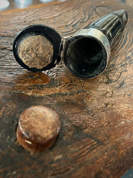 Rare Antique 19th Century Carved Horn & Sterling Silver Snuff Mull With Mysterious Allegorical Silver Head - Source Vintage