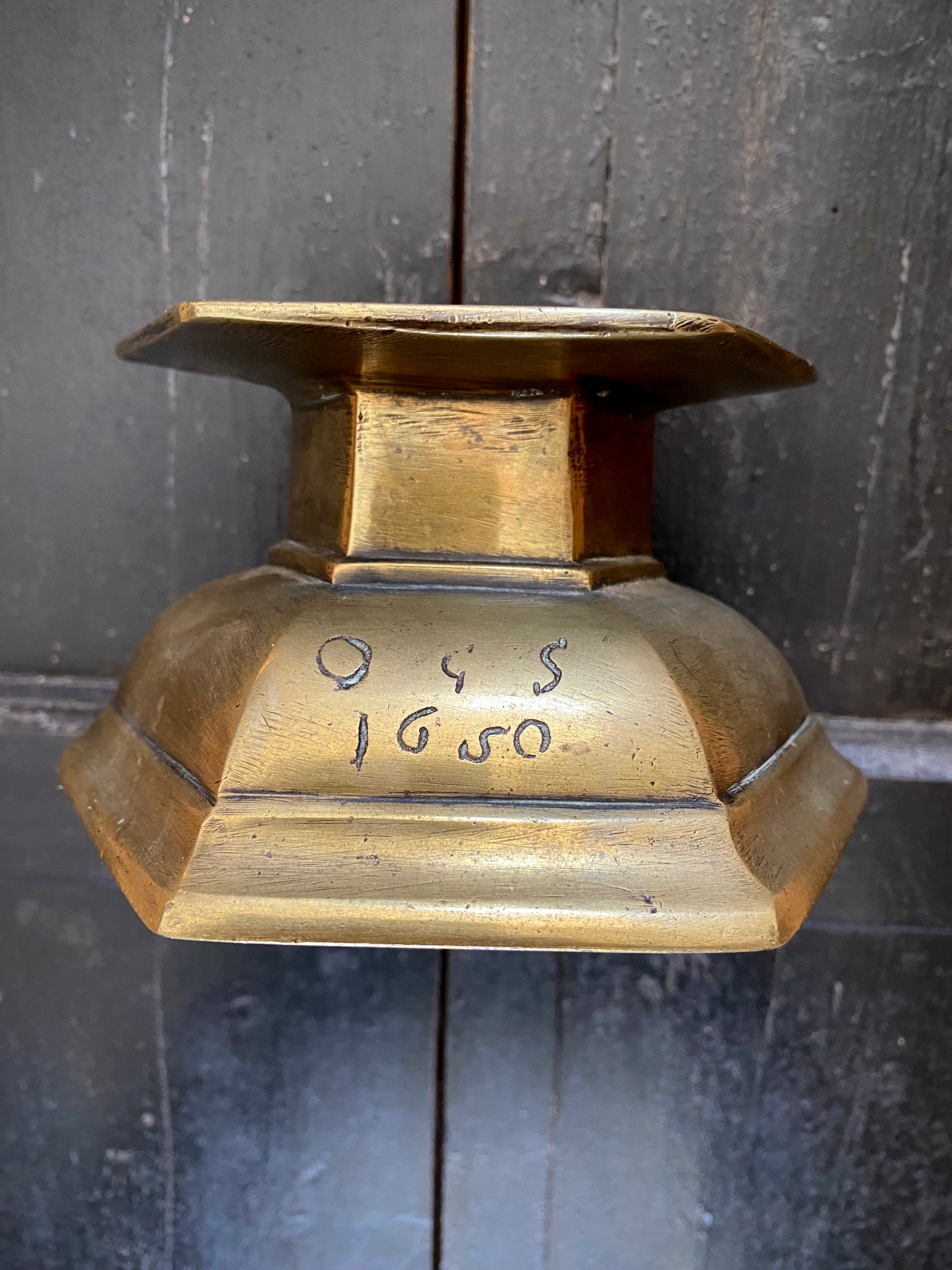 Curious Heavy Base From A 17th Century Brass Candlestick Or Altar Piece Dated 1650 & Initialled