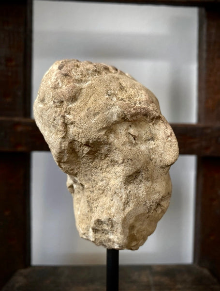 Antique Creepy Small Stone Figural Head Sculpture On Later Stand