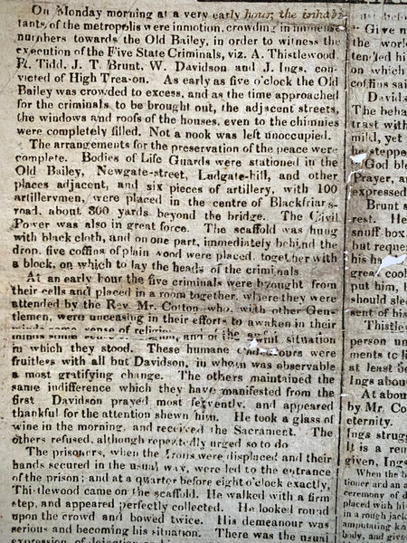 Rare Antique 19th Century Execution Broadside For The Execution Of Arthur Thistlewood and the Cato Street conspirators 1820