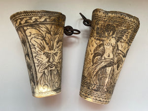 Rare Pair Antique Early 18th Century Folk Art Carved Hunting Cups