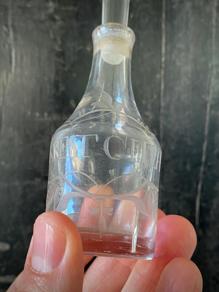 Antique Late 19th-Early 20th Century Miniature Engraved Glass Ketchup Bottle
