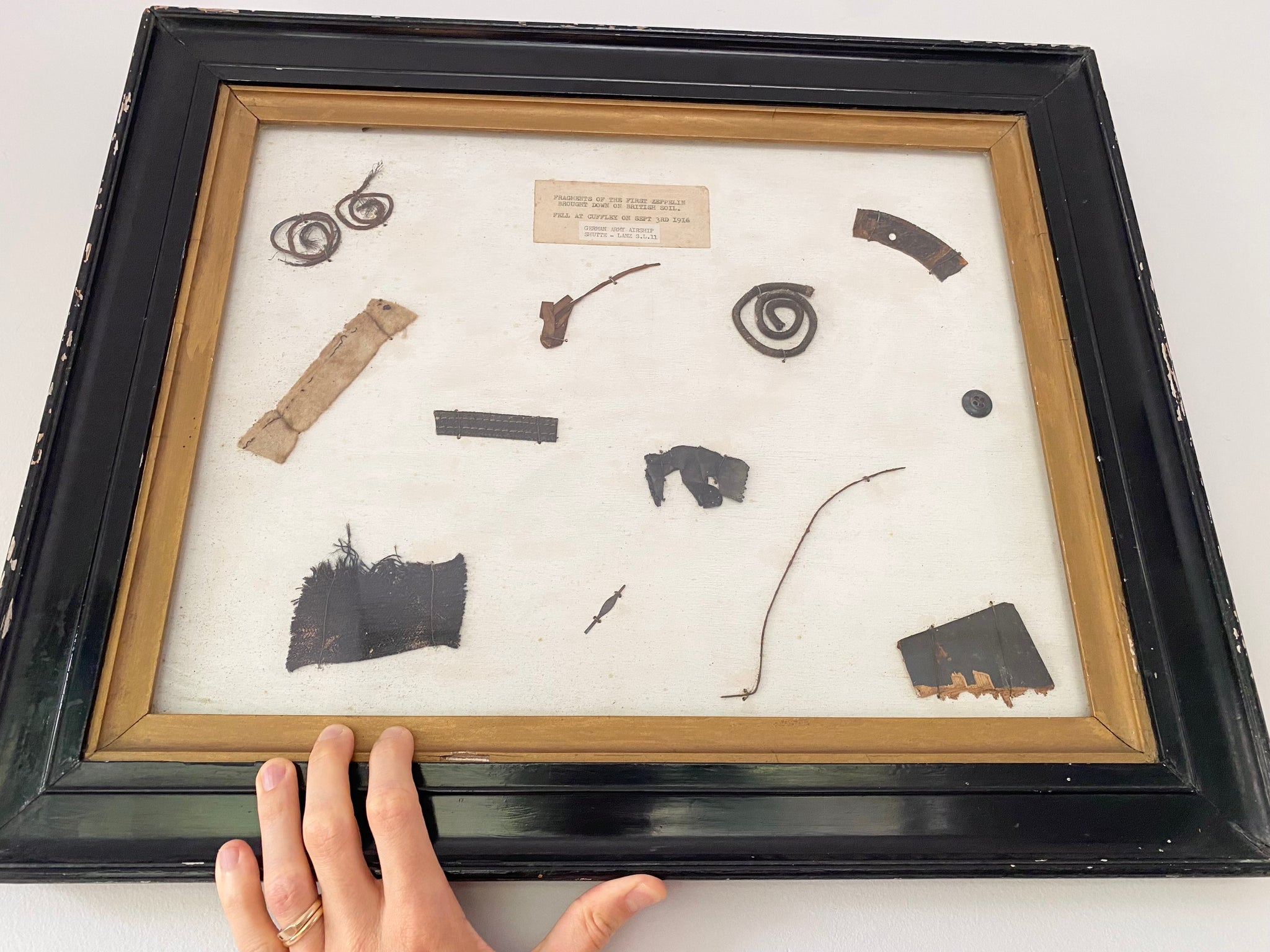 Rare Antique WW1 Framed Crash Debris From 1st Zeppelin Shot Down On British Soil Cuffley