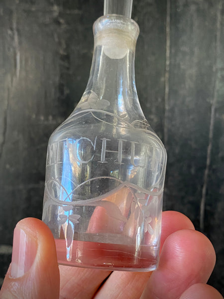 Antique Late 19th-Early 20th Century Miniature Engraved Glass Ketchup Bottle