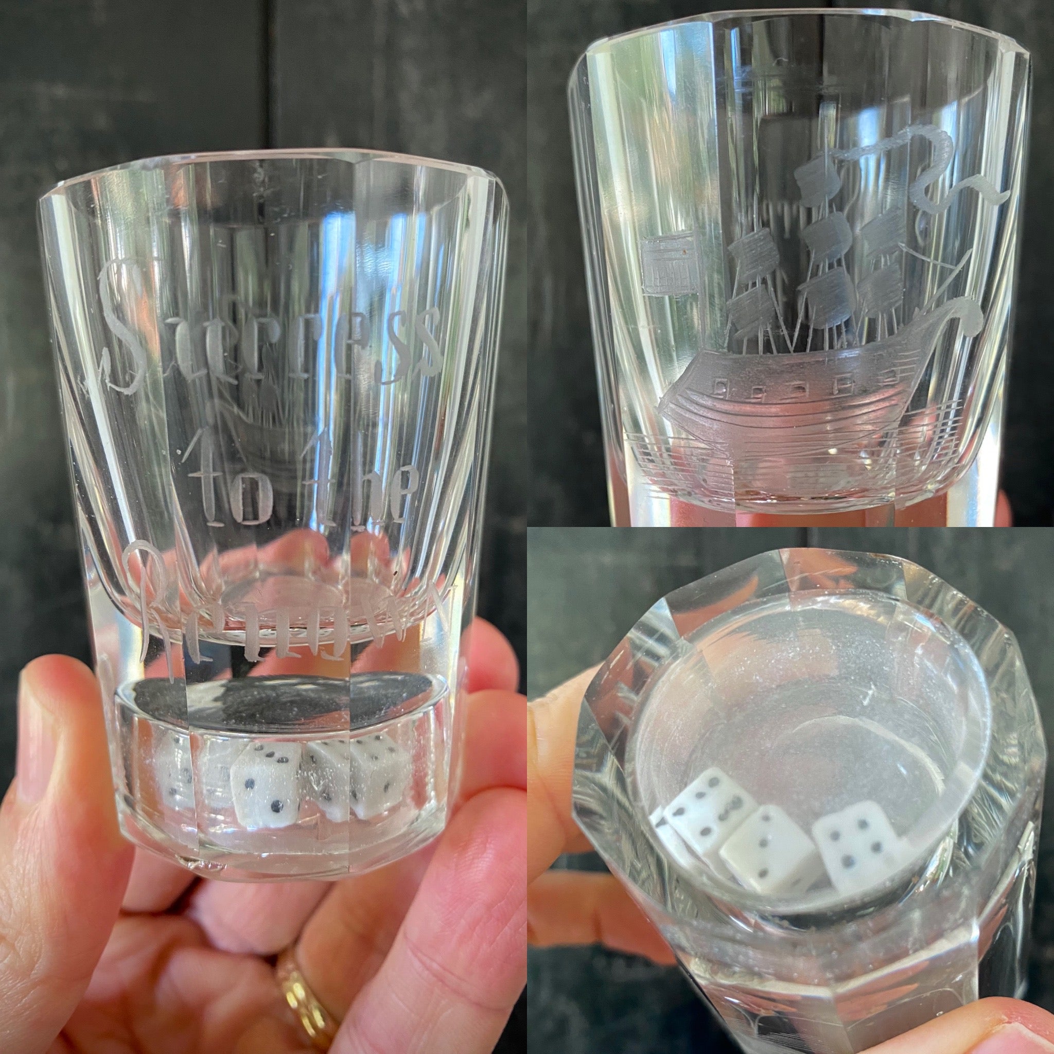 Antique 19th Century Gaming Gambling Glass Engraved With ‘Success To The Renown’ & An Image Of A Schooner Ship