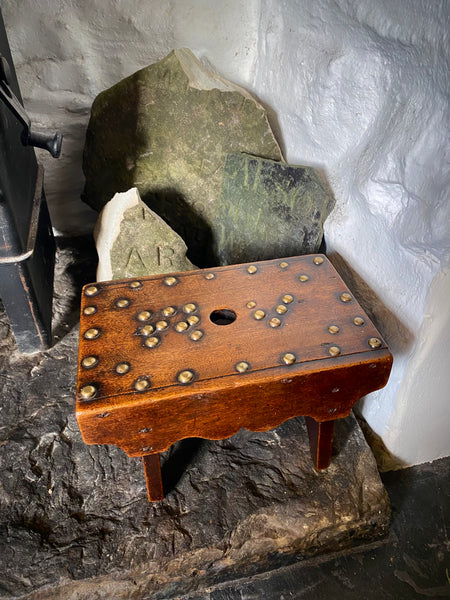 Unusual Antique 19th Century Solid Mahogany Stool With Brass Studs With Initials ‘R.V’ Possible Love Token