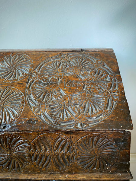 Antique 17th Century Oak Bible Box Dated 1654, Initialled, Heavily Carved, Cryptic Text & Symbols, Faint Protection Mark To One Side