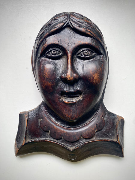 Antique 18th-19th Century Folk Art Carved Wooden Face Of A Woman