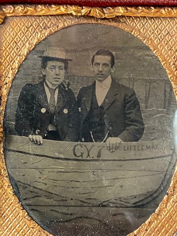 Unusual Antique 19th Century Tintype Portrait Of A Couple Behind A Boat Prop