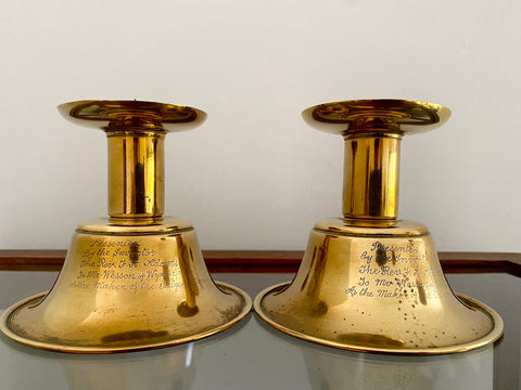 Pair 19th Century Brass Candlesticks With Intriguing Engravings From The Inventor - Source Vintage