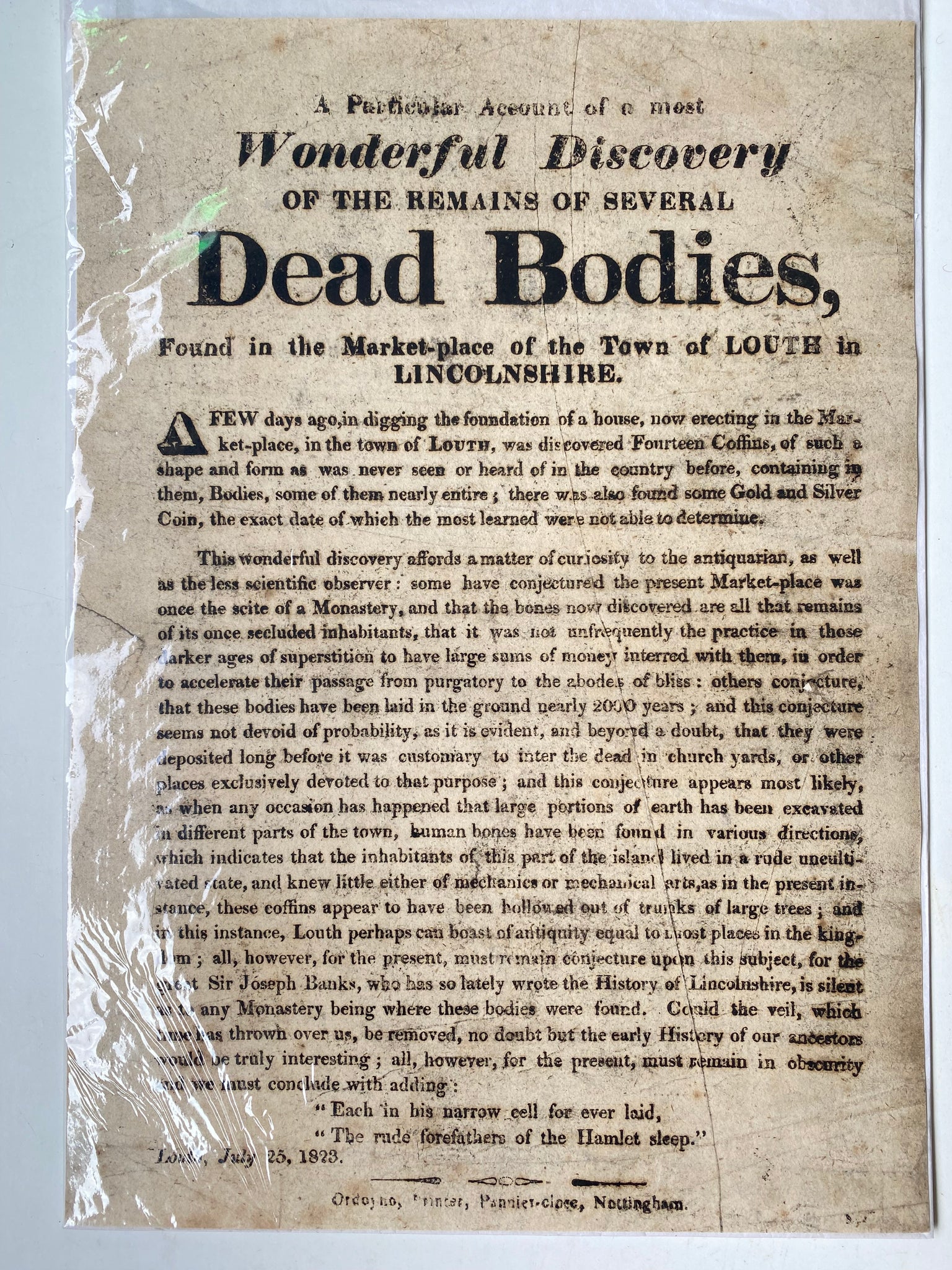 Rare 1823 Broadside – Discovery of Human Remains in Louth Marketplace