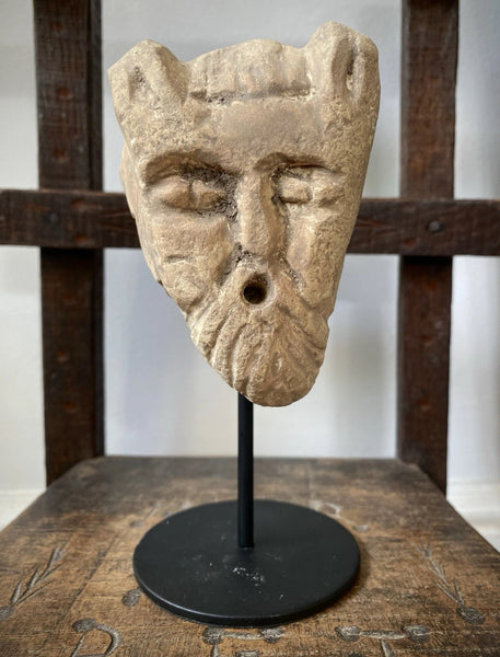 Unusual Creepy Stone Figural Head Sculpture Of The Devil On A Stand