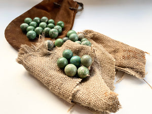Lot Of Antique Clay Handmade Marbles With Suede Drawstring Pouch & Old Fabric - Source Vintage
