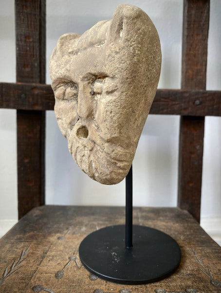Unusual Creepy Stone Figural Head Sculpture Of The Devil On A Stand