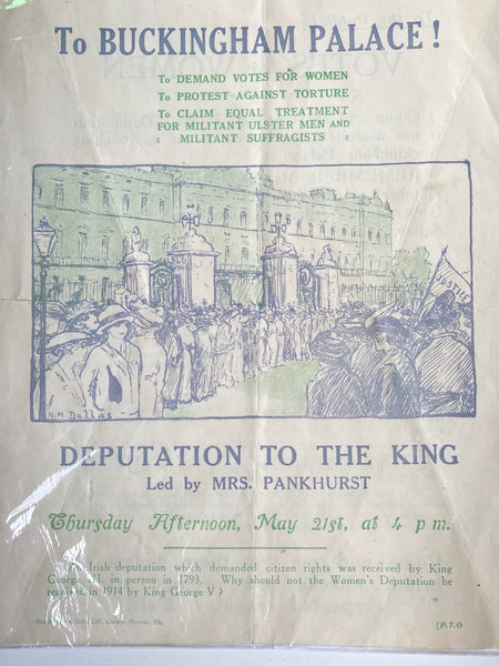 Rare Antique Original 1914 Suffragette Double Sided Flyer – Emmeline Pankhurst’s Deputation to Buckingham Palace