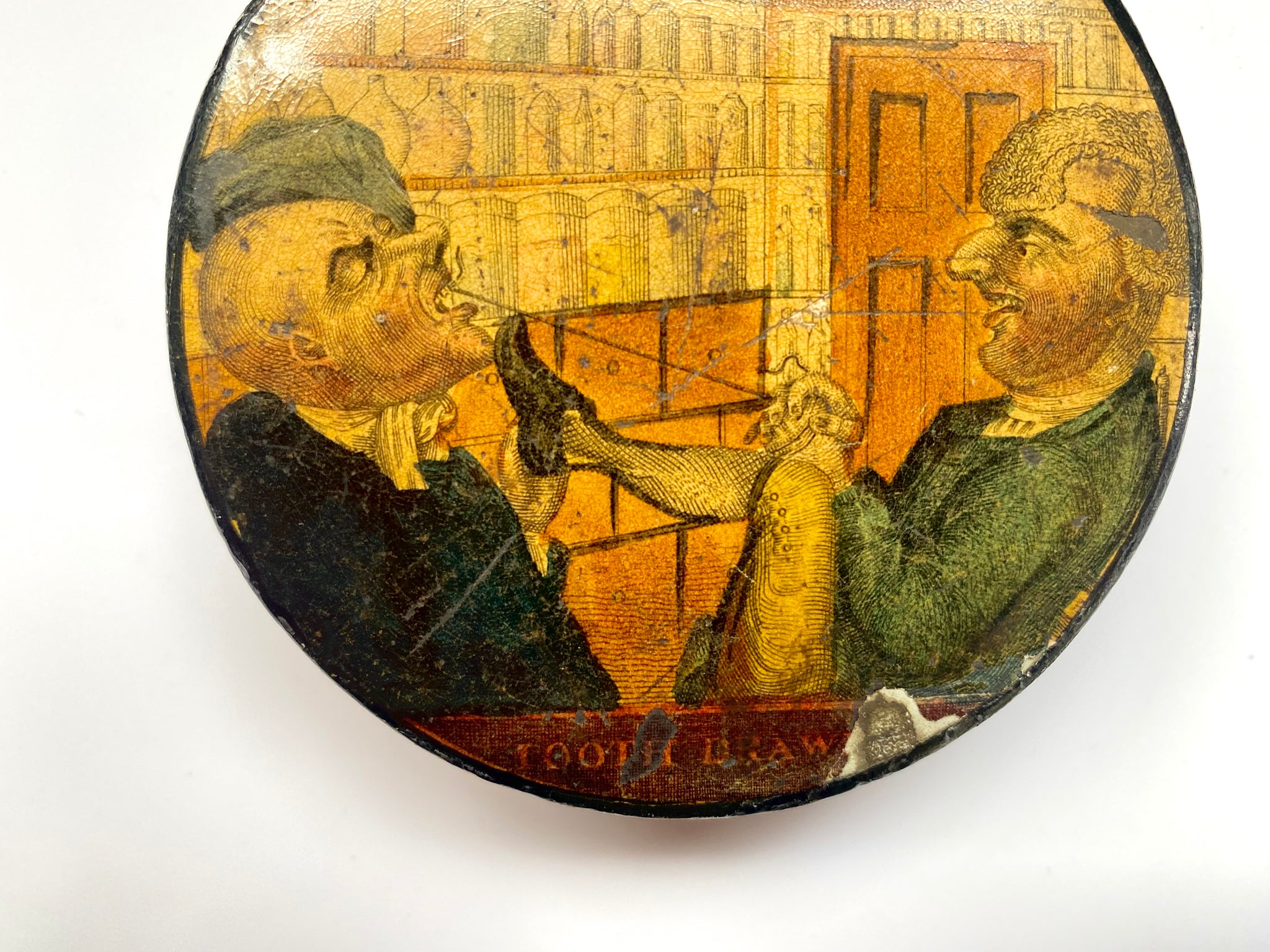 A 19th Century Handpainted Papier Mache Snuff Box With Comical Tooth Extraction Image - Source Vintage