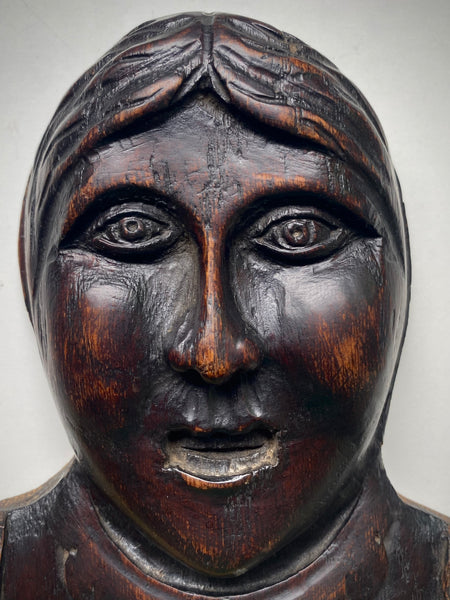 Antique 18th-19th Century Folk Art Carved Wooden Face Of A Woman