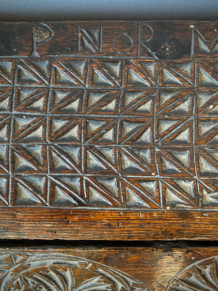 Antique 17th Century Oak Bible Box Dated 1654, Initialled, Heavily Carved, Cryptic Text & Symbols, Faint Protection Mark To One Side