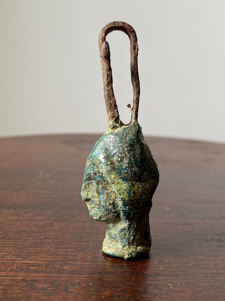 Rare Ancient Roman Bronze Head Of A Religious Figure With An Iron Loop In The Form Of A Cross c.200 AD