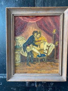 Vintage French Art School Oil On Board Erotic Boudoir Scene