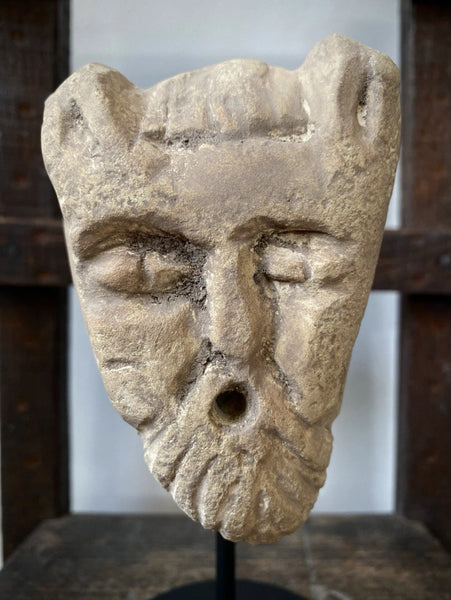 Unusual Creepy Stone Figural Head Sculpture Of The Devil On A Stand