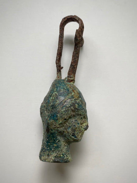 Rare Ancient Roman Bronze Head Of A Religious Figure With An Iron Loop In The Form Of A Cross c.200 AD