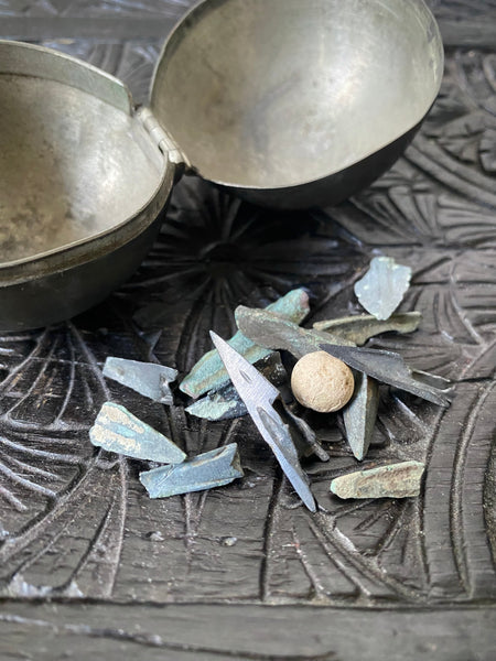 *RESERVED FOR MEGAN* Curious Collection Of Ancient Bronze Arrowheads & Lead Pistol Shot Housed Inside An 18th Century Pewter Case