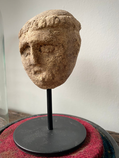 A Curious Antique Carved Stone Monk’s Head On Modern Stand Housed Within A 19th Century Glass Display Dome