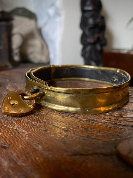 Antique 19th Century Brass & Leather Monkey Collar With Padlock - Source Vintage
