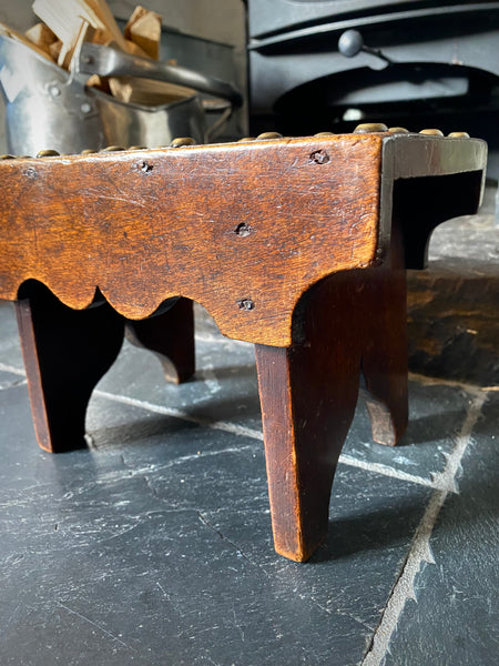 Unusual Antique 19th Century Solid Mahogany Stool With Brass Studs With Initials ‘R.V’ Possible Love Token