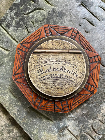Exceptional Antique Early 19th Century Treen & Brass Folk Art Snuff Box Named ‘Martha Shields’
