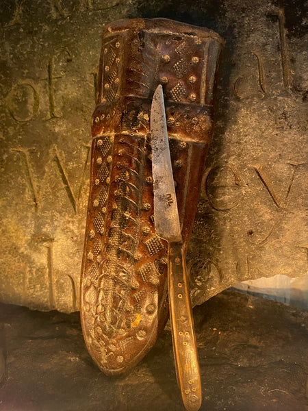 Rare 15th-16th Century Hand Tooled Leather Personal Utensil Scabbard & Accompanying Knife